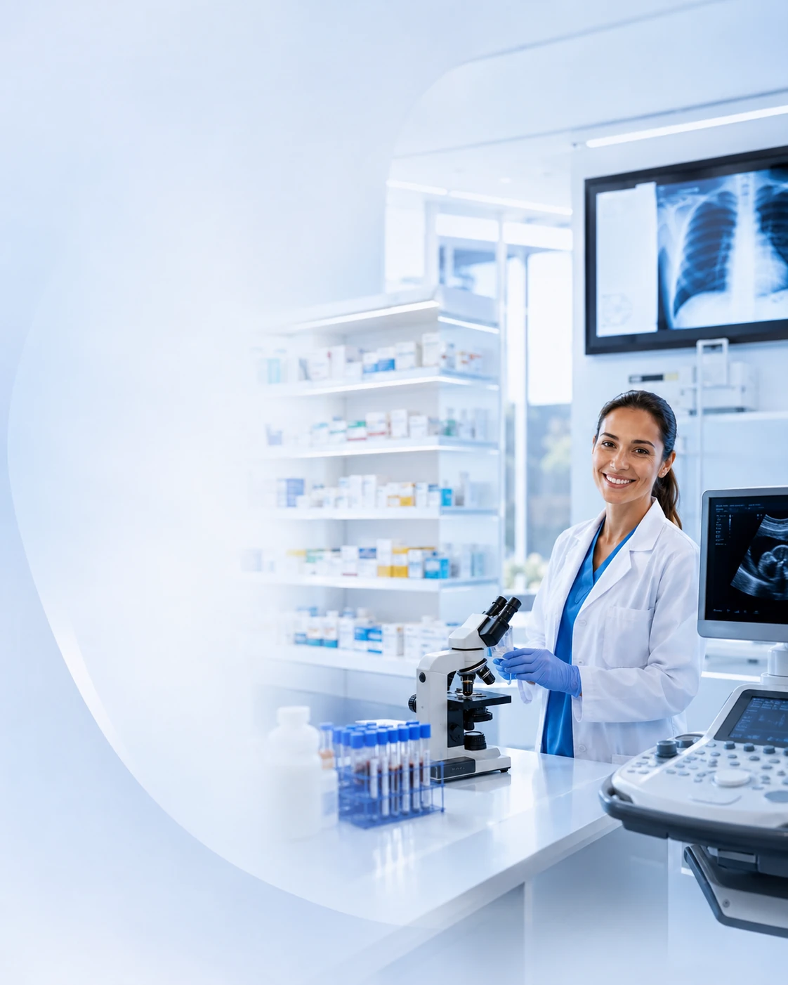 Profesional sanitaria en un área moderna de laboratorio y diagnóstico